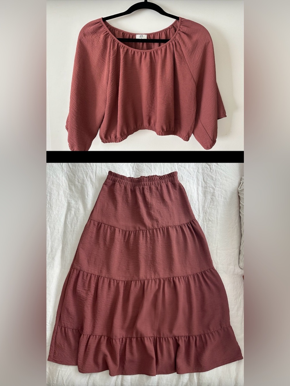 Tiered Midi Skirt with Matching Crop Top in Mauve Rose - Elastic Waist